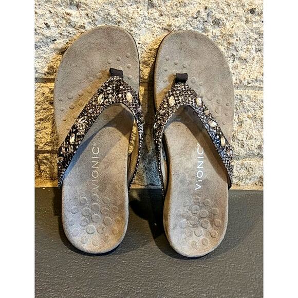 Vionic Lucia Toe Post Sandal Slate Grey Snake Flipflops Sandals, Womens Sz 6 - Picture 1 of 7